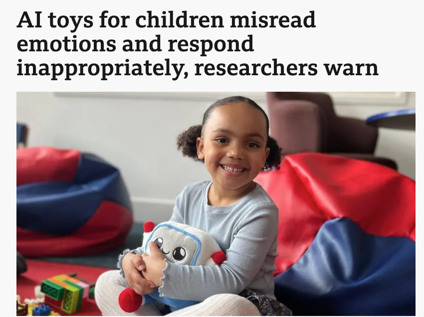 Image of the article headline and one of the children who participated in the study of GenAI toys.